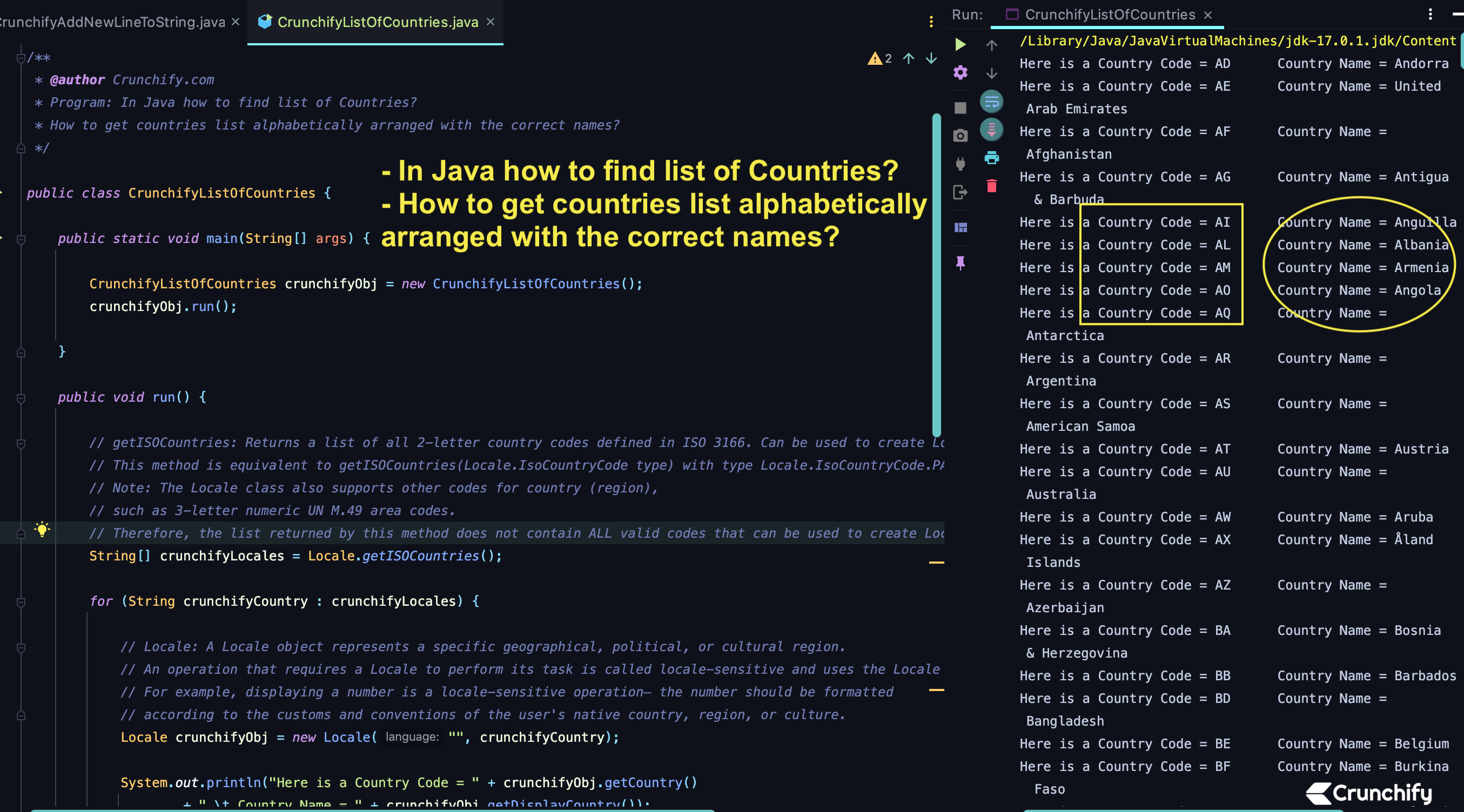 In Java come trovare l'elenco dei paesi?