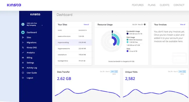 Kinsta dashboard