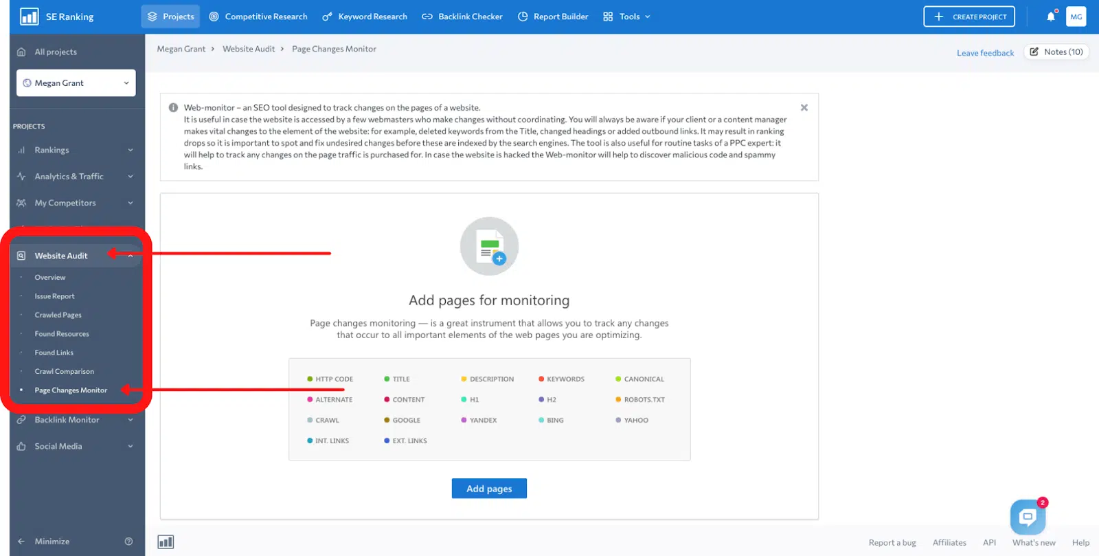 SE Ranking을 사용하여 웹사이트 감사 수행: 알림 설정에 대한 대시보드 이미지