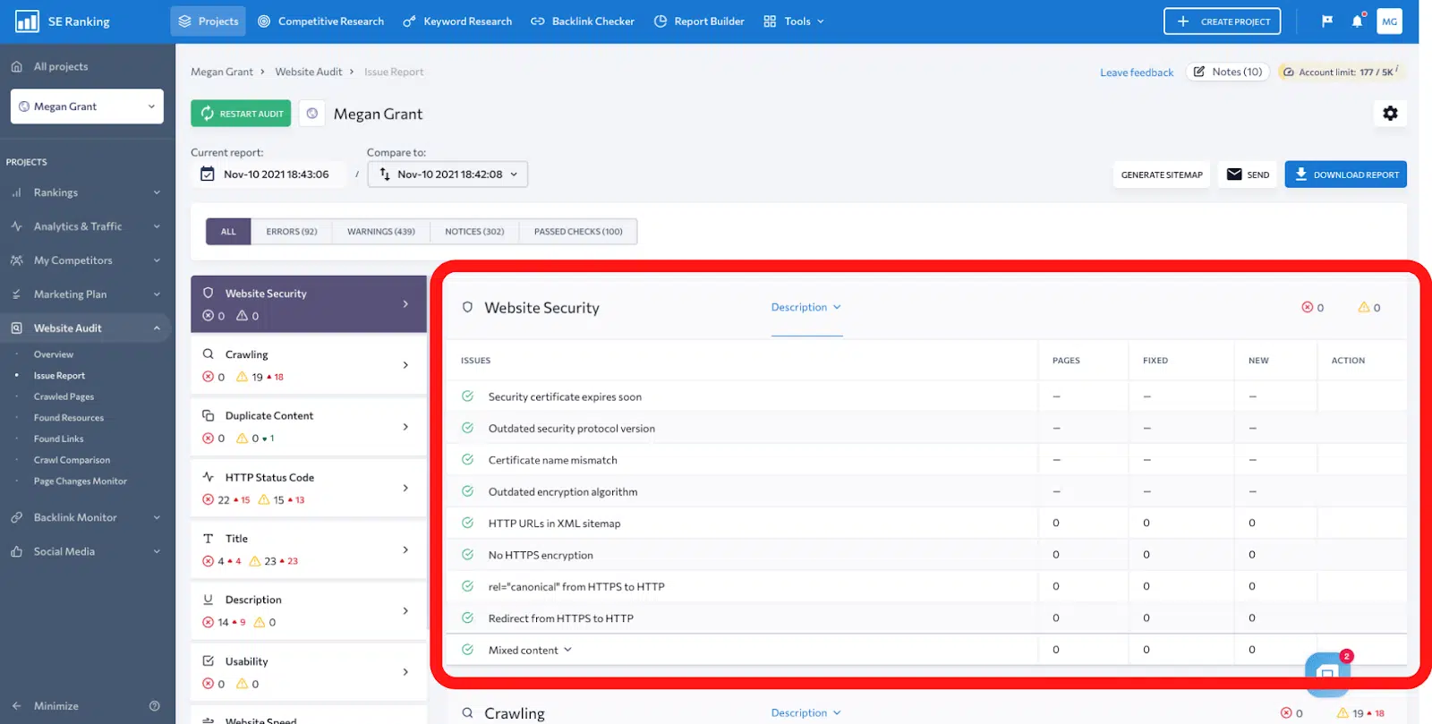 Uso de SE Ranking para realizar una auditoría del sitio web: imagen del tablero en la seguridad del sitio