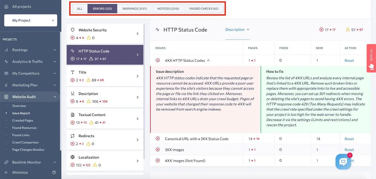 Uso de SE Ranking para realizar una auditoría del sitio web: imagen del tablero sobre cómo dividir los problemas del sitio por categoría