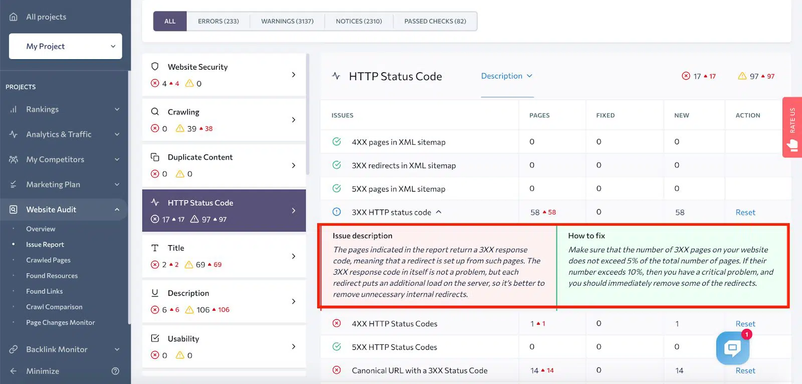 Uso de SE Ranking para realizar una auditoría del sitio web: Imagen del tablero del código de estado HTTPS