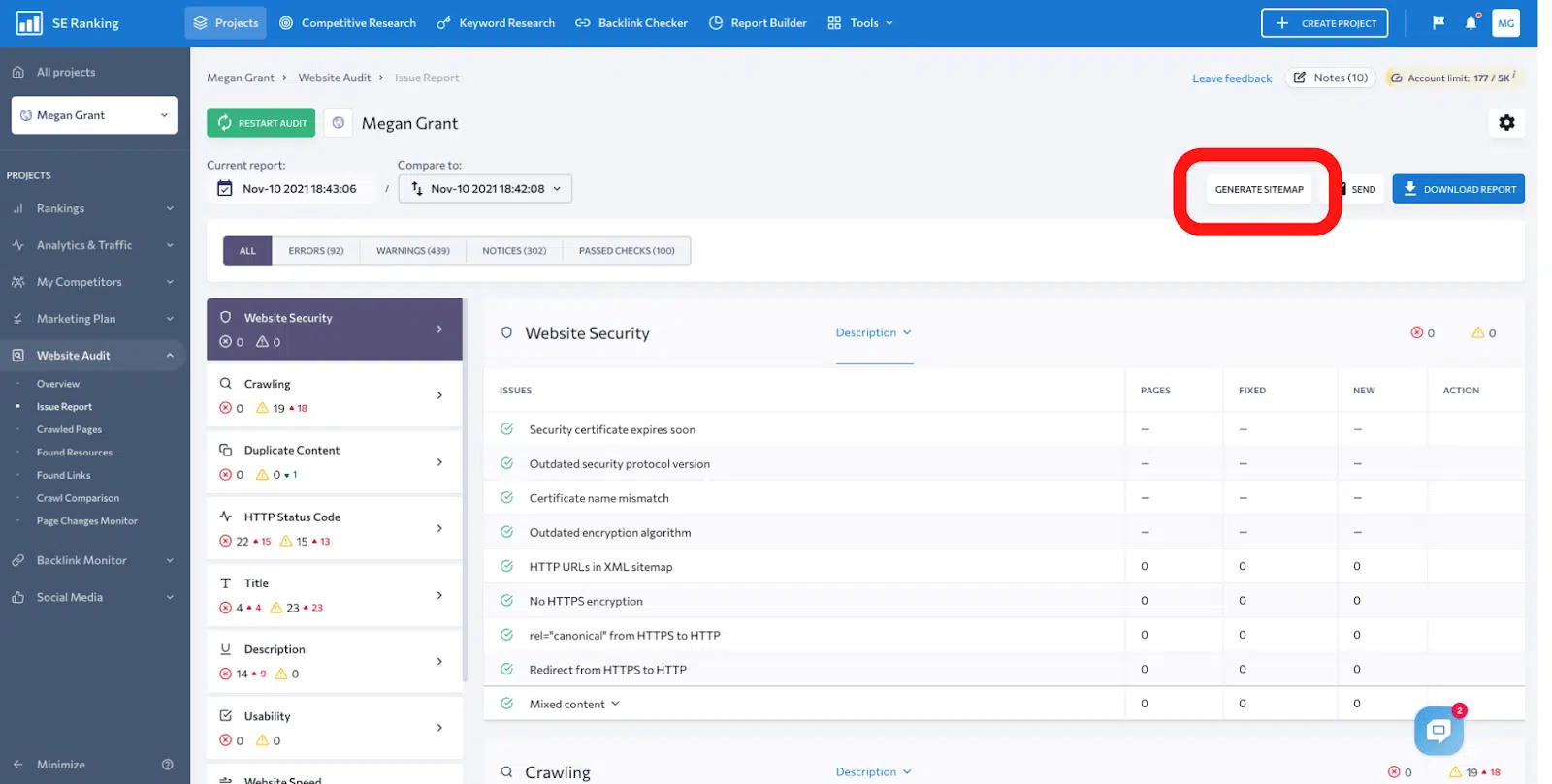 SE Ranking을 사용하여 웹사이트 감사 수행: XML Sitemap 생성기의 대시보드 이미지