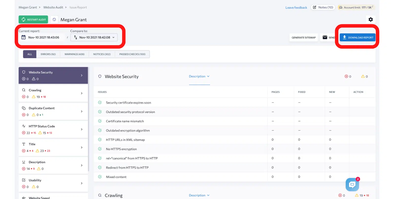 Utilizzo della classifica SE per condurre un controllo del sito Web: immagine dashboard di dove scaricare i rapporti