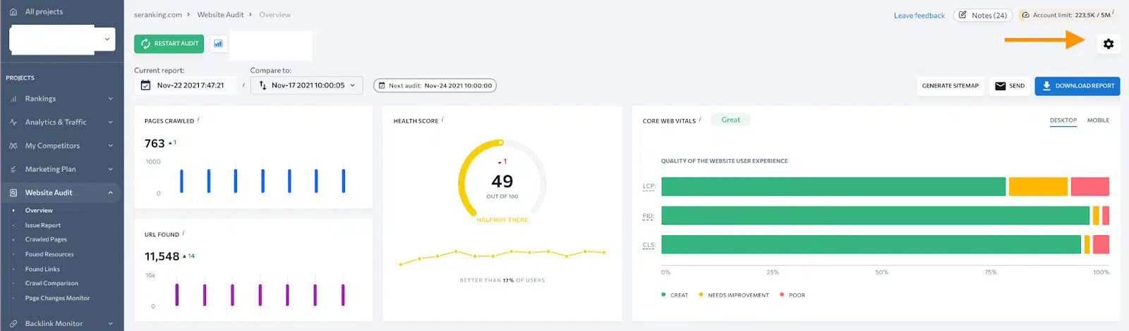 Uso de SE Ranking para realizar una auditoría del sitio web: imagen del tablero sobre cómo organizar la configuración y los parámetros de informe para monitorear