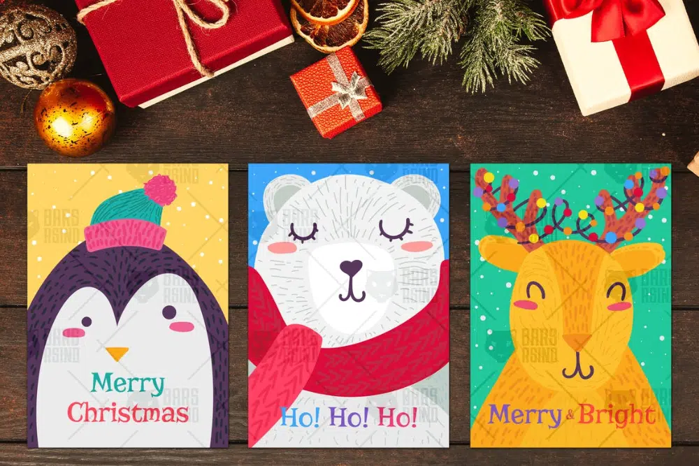 Modèles de cartes postales créatives pour les fêtes de fin d'année : cartes de vœux de Noël avec ensemble d'animaux