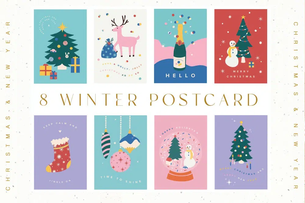 Plantillas de postales creativas para la temporada navideña: conjunto de postales navideñas de invierno