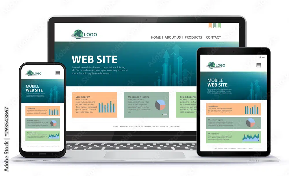 5. Asegúrese de que su sitio sea compatible con dispositivos móviles: descripción de la imagen de Adobe Stock: diseño de sitio web receptivo con ilustración vectorial de pantalla de computadora portátil, teléfono móvil y tableta.