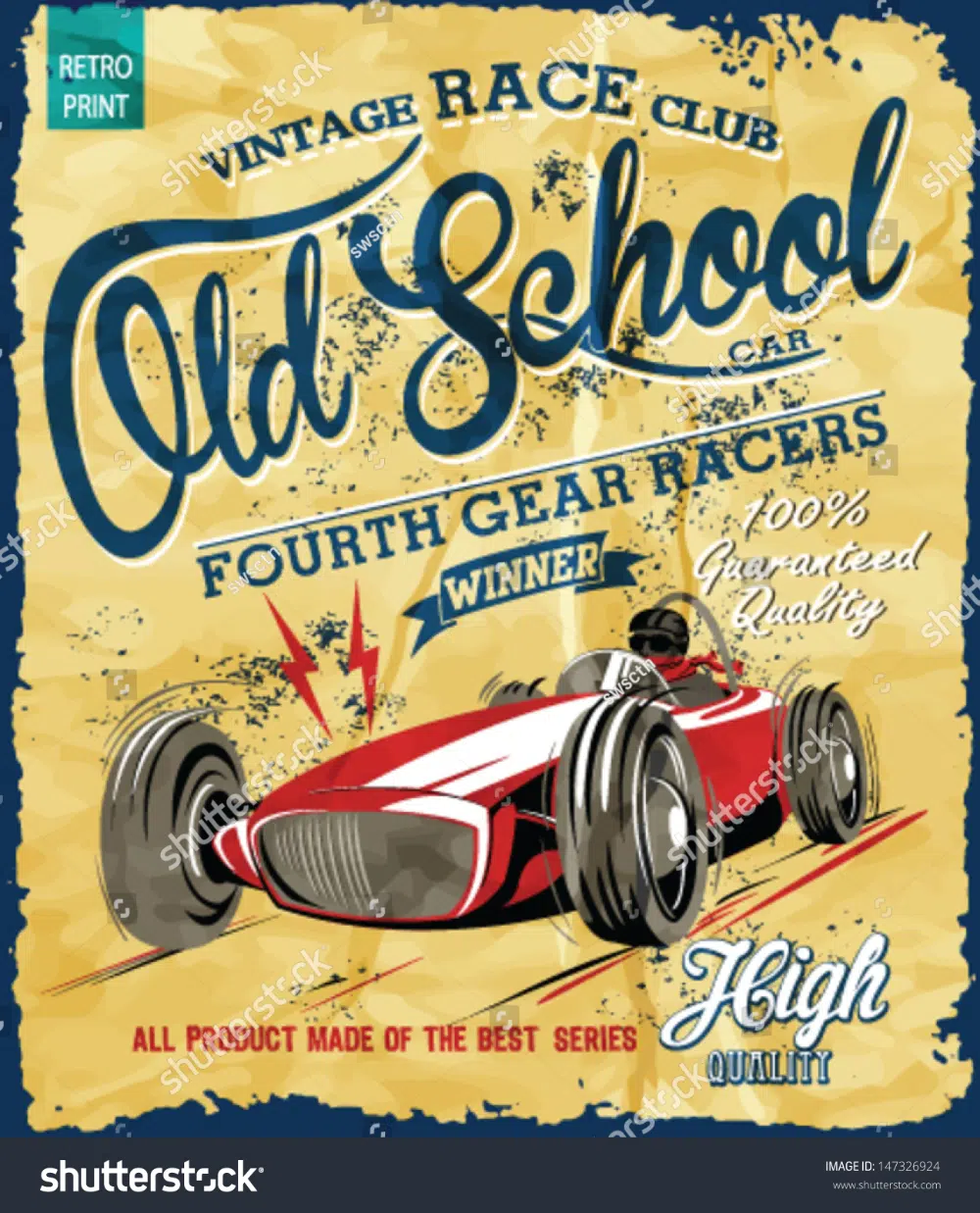 20 kostenlose Retro- und Vintage-Vektoren: Vintage-Rennwagen-Druckposter mit „Old School“-Text