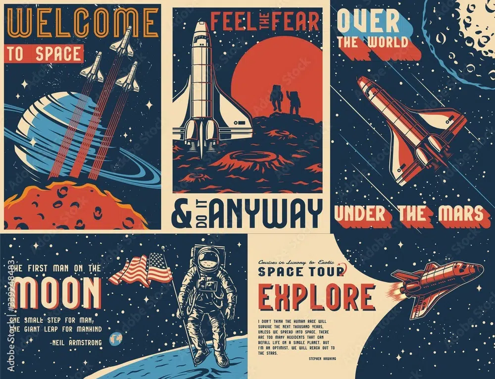 20 vettori retrò e vintage gratuiti: poster vintage multicolori con tema spaziale