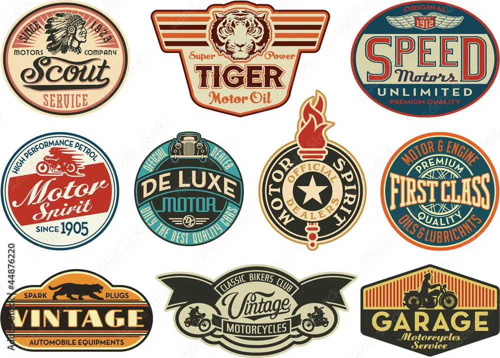 20 vettori retrò e vintage gratuiti: set di etichette vintage con tema Motor Company