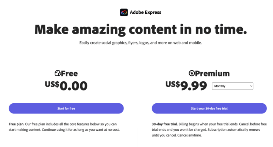 Adobe Express fiyatlandırması ve planları