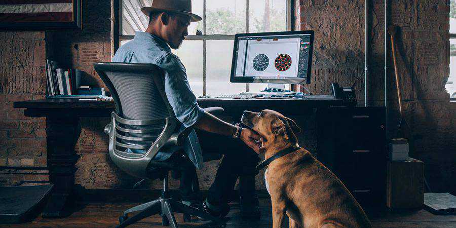 cliente del cane da lavoro della scrivania del progettista felice