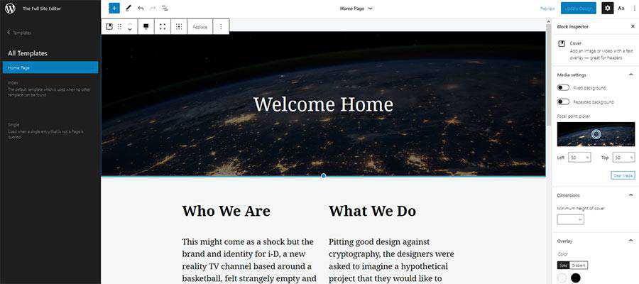 Creazione di un template per la home page nell'editor completo del sito di WordPress.