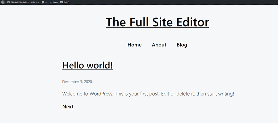 WordPress Q 테마의 프런트 엔드 보기.