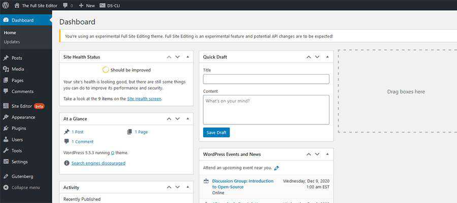 Il link Editor del sito nella dashboard di WordPress.