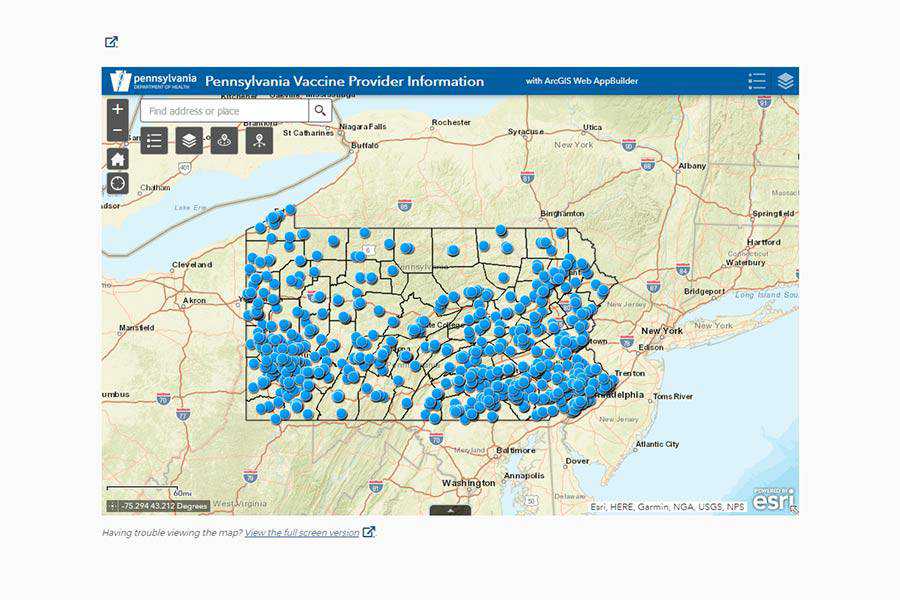 Mappa della posizione del vaccino della Pennsylvania COVID-19.