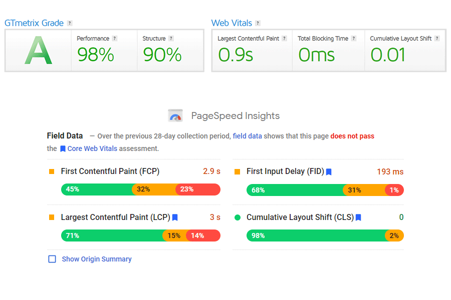 Comparaison des tests de vitesse entre GTmetrix et PageSpeed ​​Insights.