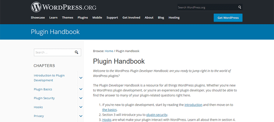 La home page del Manuale dei plugin di WordPress.