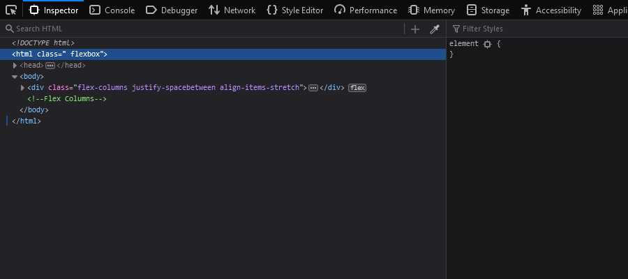 Alat Pengembang Firefox menampilkan dukungan CSS Flexbox.