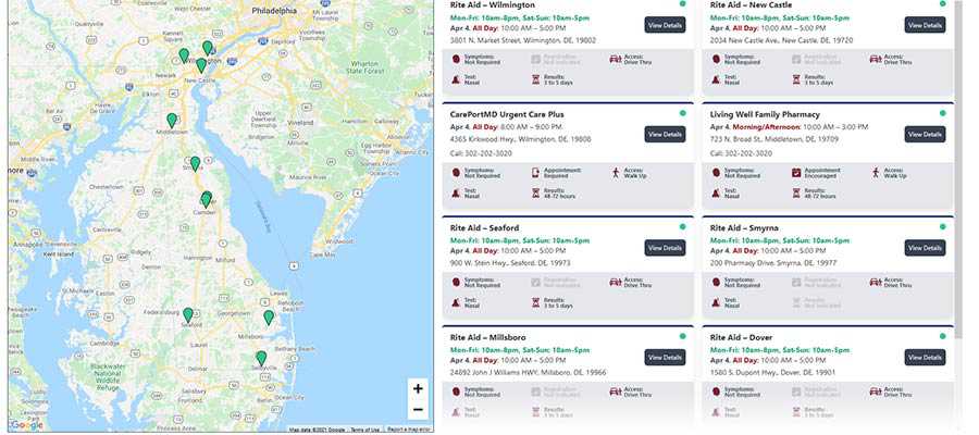 Pagina cu evenimente de testare COVID-19 din Delaware