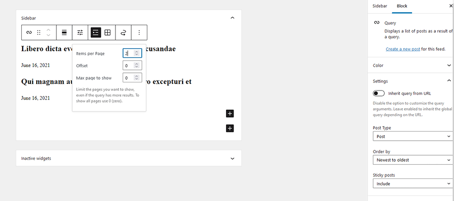 แสดงการตั้งค่าสำหรับ Query Loop Block