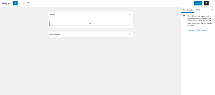 Ecranul implicit cu widgeturi WordPress.