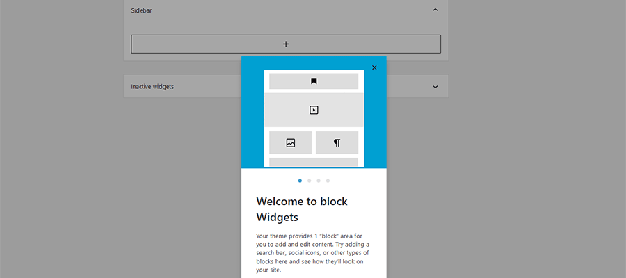 A tela de integração de widgets do WordPress.