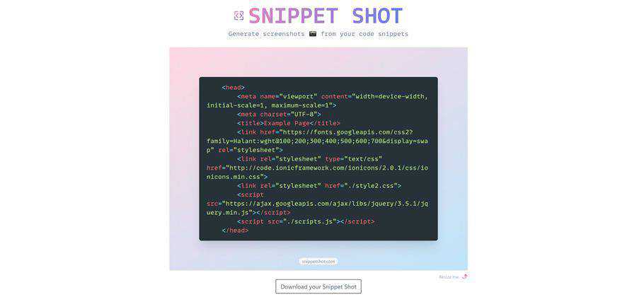 Exemplo de web design gratuito de ferramenta baseada na Web Snippet Shot