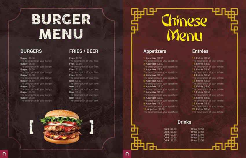 Six modèles de menu de restaurant Photoshop PSD