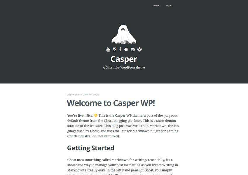 ธีมเวิร์ดเพรสฟรีของ Casper wp บล็อกที่ตอบสนองการออกแบบที่เรียบง่ายเรียบง่ายน้ำหนักเบา