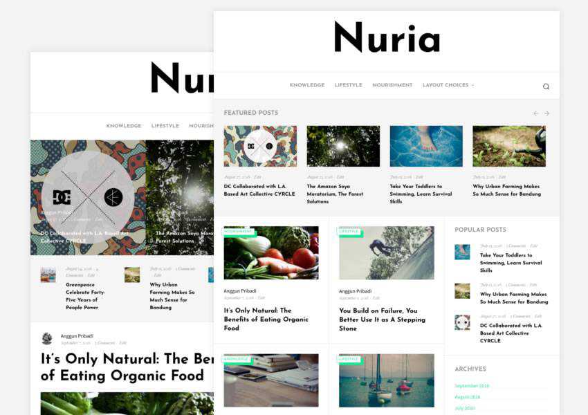 Nuria blogging tema wordpress grátis wp blog responsivo design minimalista leve minimalista