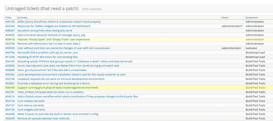 Список билетов WordPress Trac.