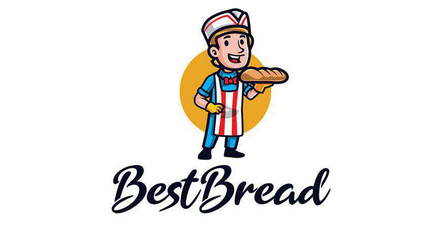 Cartoon Baker Holding Bread Mascot Logo Template torta da forno cuocere il cibo