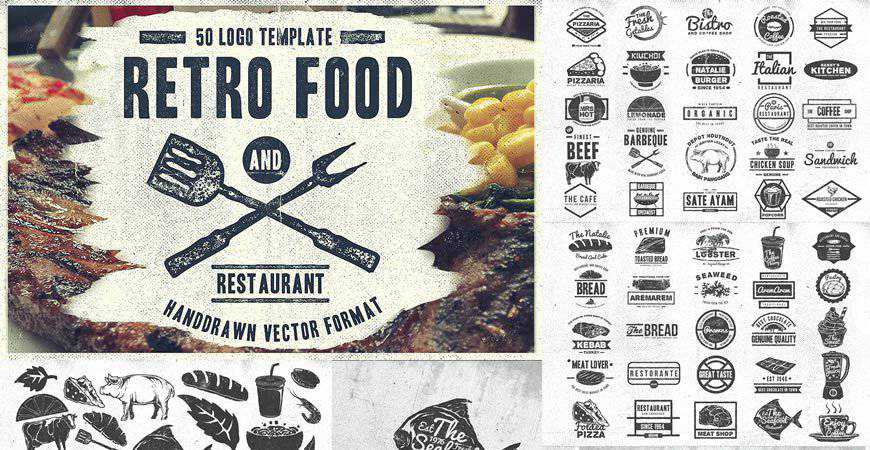 50 plantillas de logotipos de insignias de comida vintage