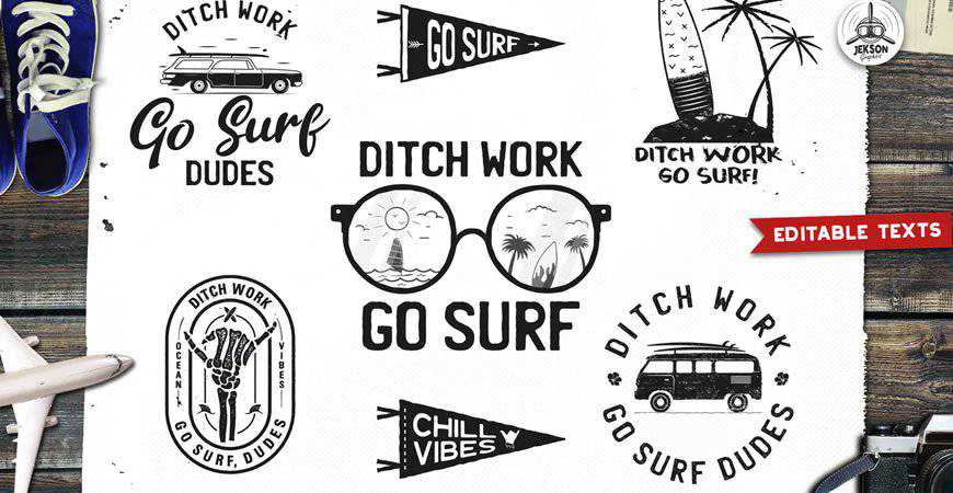 Diseños de logotipos de surf retro viajes vacaciones vacaciones