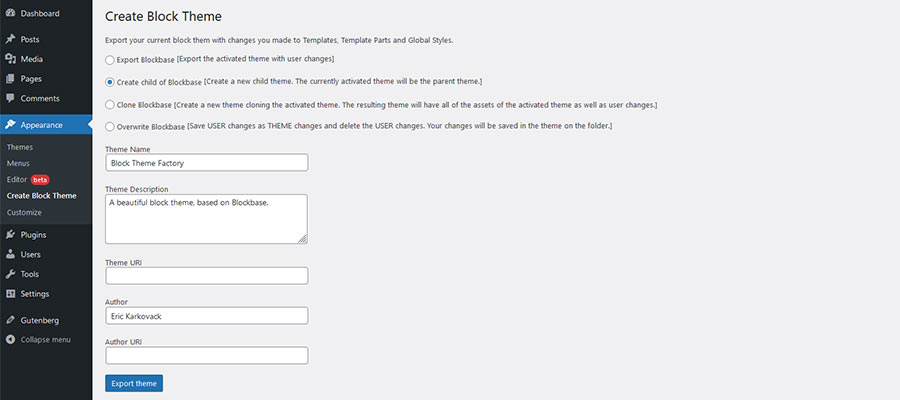 Экспорт дочерней темы с помощью Create Block Theme.