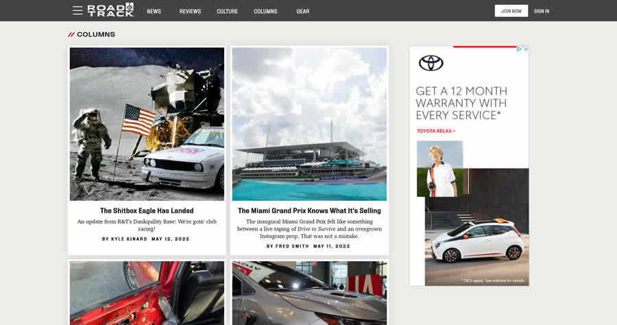 Inspirasi tata letak desain web majalah Road & Track