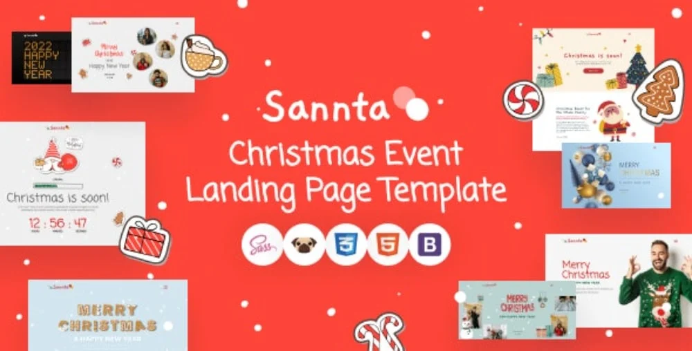 クリエイティブな新年のランディング ページのテーマ: Sannta - イベント クリスマスのランディング ページ